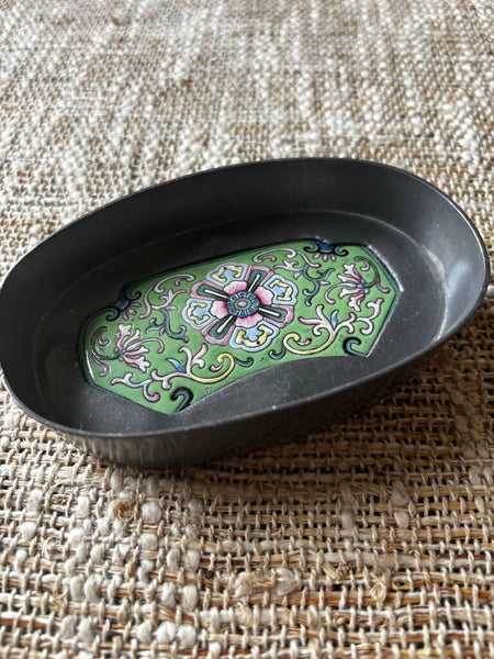 Vintage Japanese Pewter And Porcelain Trinket Dish