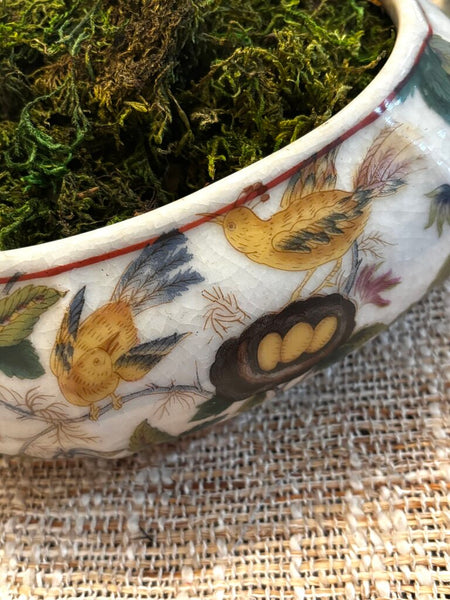 Vintage Wong Lee Crackle Glaze Chinoiserie Handled Planter Birds Nest Floral