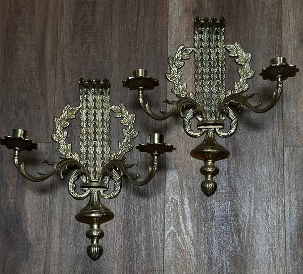 Pair of Vintage French Style Brass Wall Sconces 14T x 11W