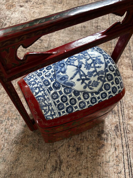 Large Vintage Chinese Porcelain Top Laquered Wood Stacking Wedding Basket