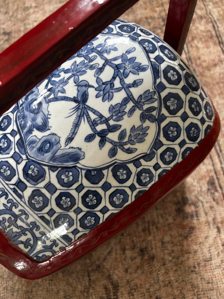 Large Vintage Chinese Porcelain Top Laquered Wood Stacking Wedding Basket