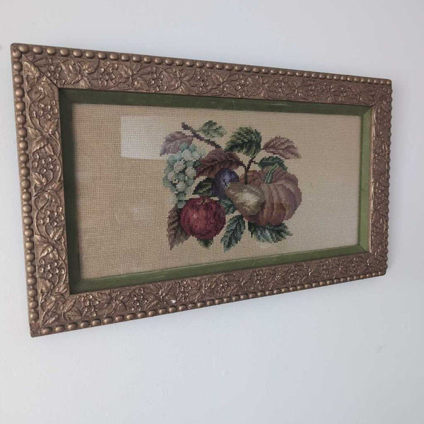 Beautifully Framed Antique Fruit Crossstitch Art Piece in Gold Frame with Glass 24x14