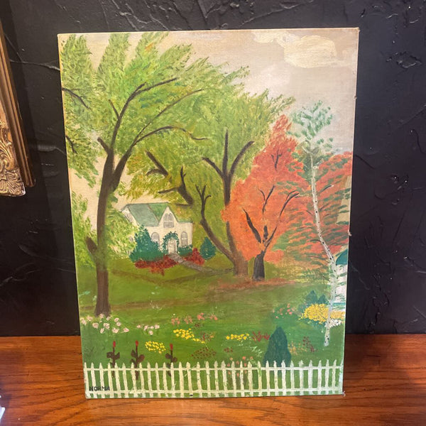 Moxie - Folky House & Trees Painting On Board - 12 x 16