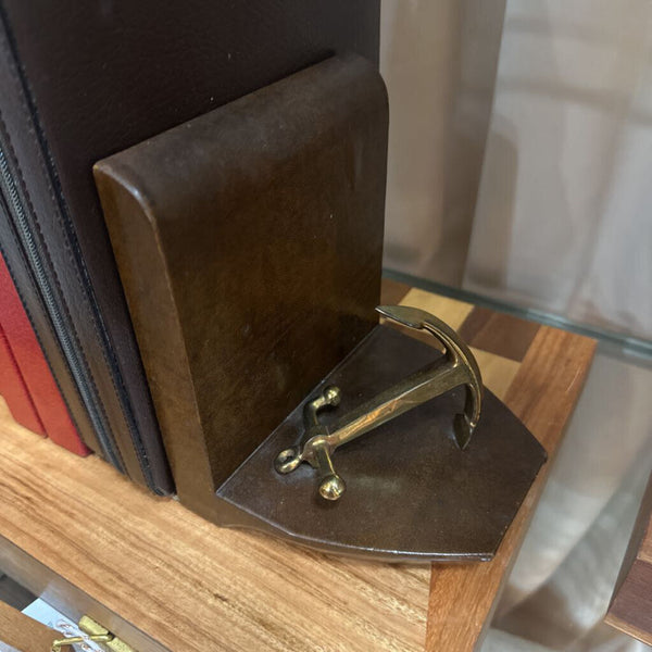 Vint Anchor Nautical Brass/Leather Bookends