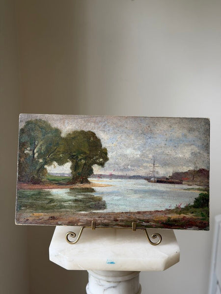 2204 Antique French Oil on Board landscape scene w/ dock