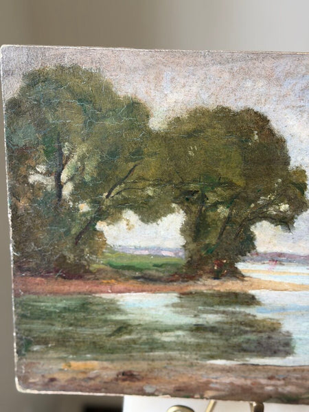 2204 Antique French Oil on Board landscape scene w/ dock