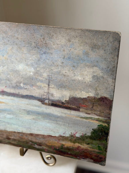 2204 Antique French Oil on Board landscape scene w/ dock