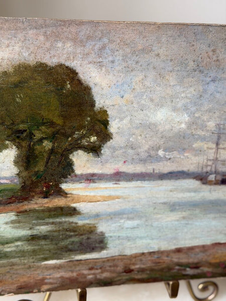 2204 Antique French Oil on Board landscape scene w/ dock