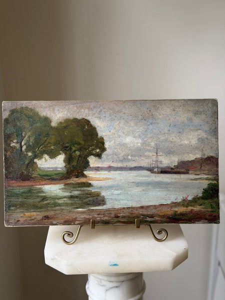 2204 Antique French Oil on Board landscape scene w/ dock