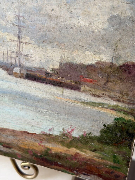 2204 Antique French Oil on Board landscape scene w/ dock