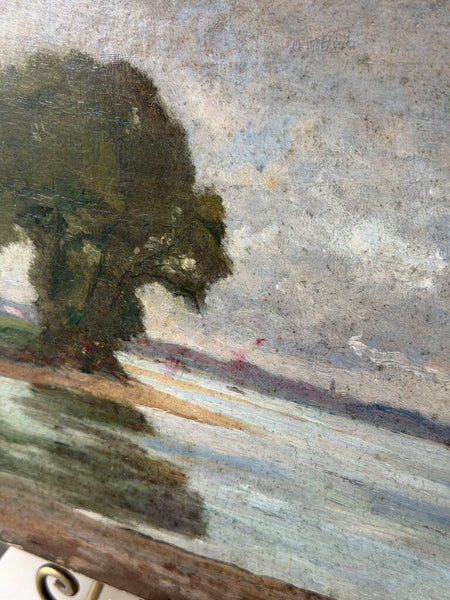 2204 Antique French Oil on Board landscape scene w/ dock