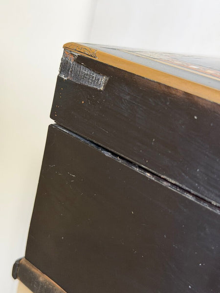 2303 Antique French Ebonized Wood, Brass & Abalone Shell Inlay Jewelry Box w/ Original Tufted Silk Lining
