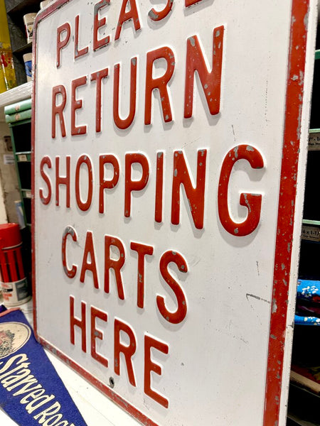 JFV ~ Vintage heavy pressed steel grocery store cart sign. IN STORE PICKUP ONLY