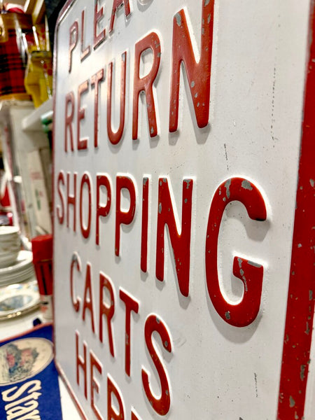 JFV ~ Vintage heavy pressed steel grocery store cart sign. IN STORE PICKUP ONLY