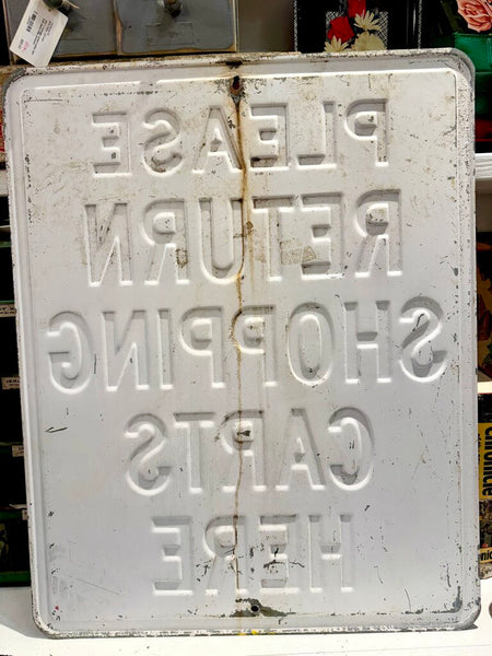 JFV ~ Vintage heavy pressed steel grocery store cart sign. IN STORE PICKUP ONLY