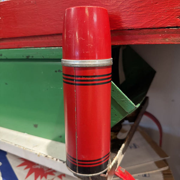 JFV ~ vintage dark red thermos with black stripes and red cap