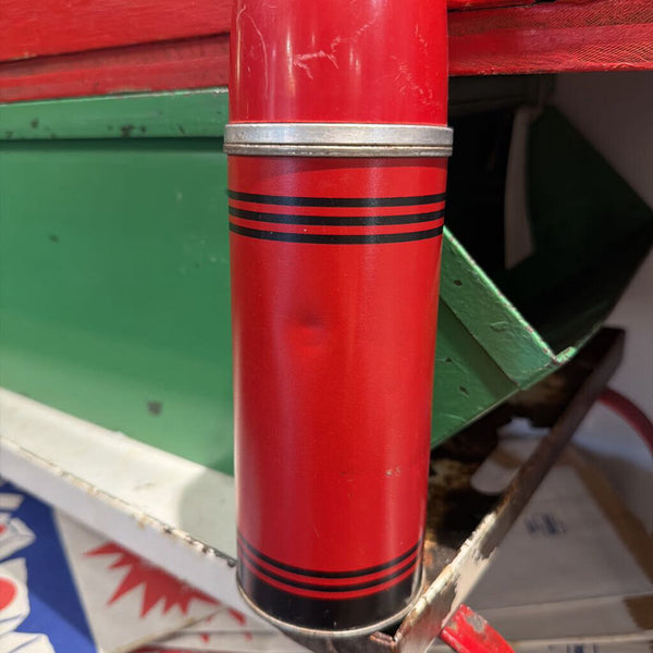 JFV ~ vintage dark red thermos with black stripes and red cap