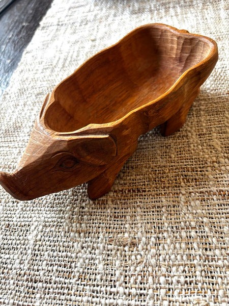Vintage WOODEN PIG BOWL HAND CARVED