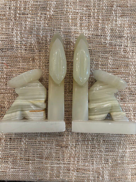 Set of 2 Vintage Mexican Carved Onyx Marble Cactus w/ Man in Sombrero Bookends