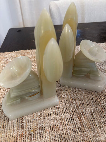 Set of 2 Vintage Mexican Carved Onyx Marble Cactus w/ Man in Sombrero Bookends