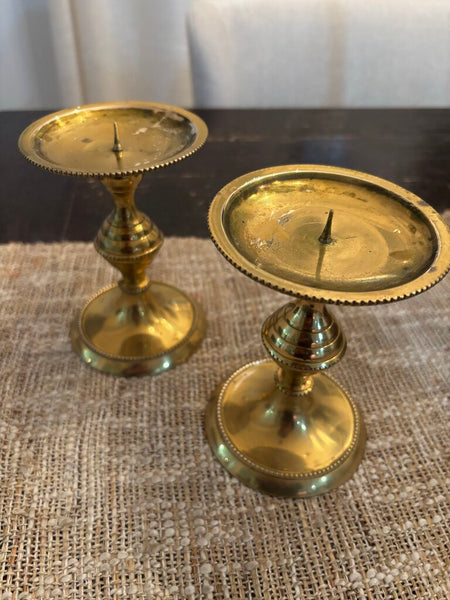 Pair of Vintage Solid Brass Pillar Candle Holders