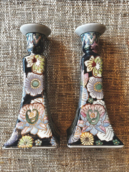 Pair of Vintage Floral Chinoiserie Macau Candlestick Holders