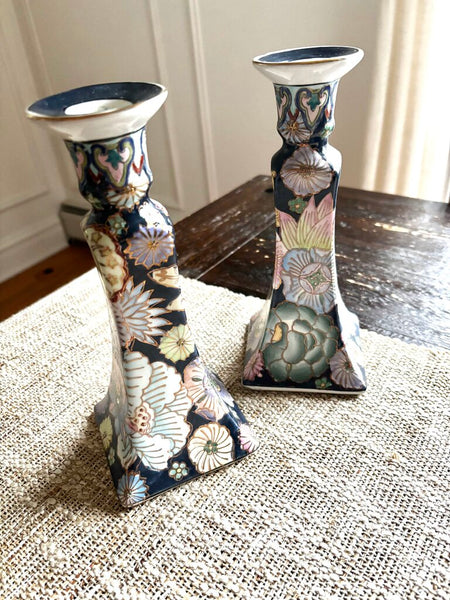 Pair of Vintage Floral Chinoiserie Macau Candlestick Holders