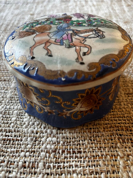 Vintage Chinoiserie Equestrian Porcelain Hand Painted Lid Trinket Jar