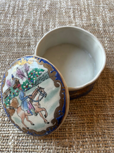 Vintage Chinoiserie Equestrian Porcelain Hand Painted Lid Trinket Jar