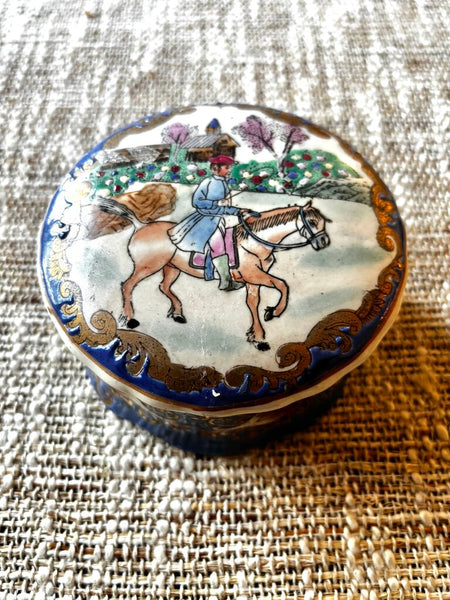 Vintage Chinoiserie Equestrian Porcelain Hand Painted Lid Trinket Jar