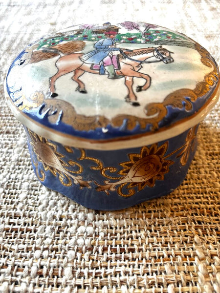Vintage Chinoiserie Equestrian Porcelain Hand Painted Lid Trinket Jar