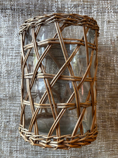 Cane Wrapped Glass Hurricane Pillar Candle Holder/Vase 8.75H