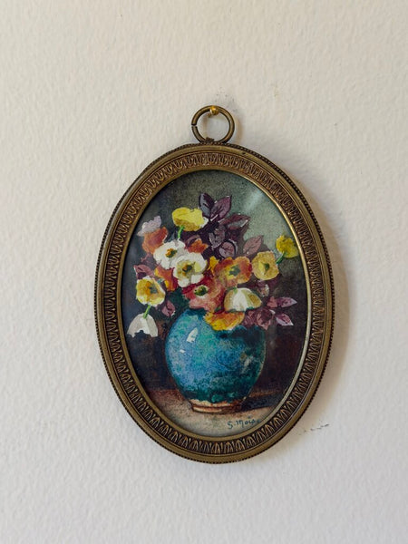 2496 Miniature Signed French Floral Watercolor Painting in Oval Bronze Frame