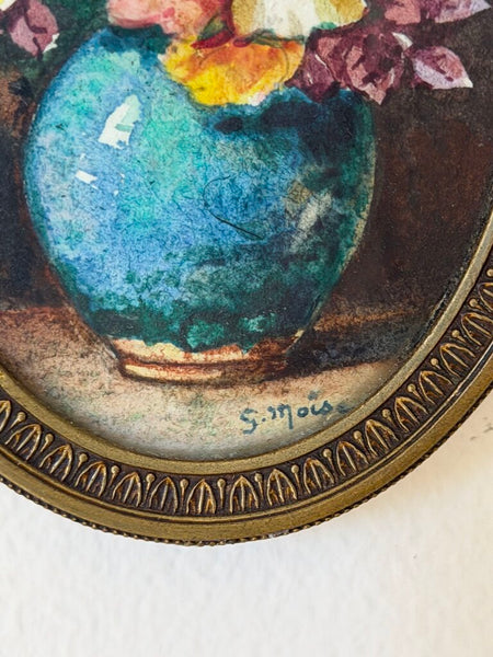 2496 Miniature Signed French Floral Watercolor Painting in Oval Bronze Frame