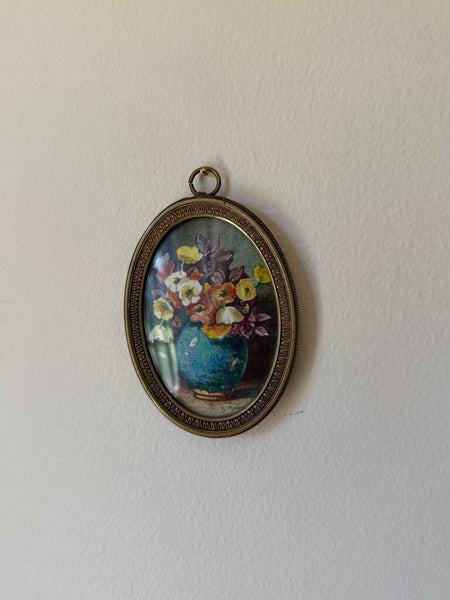 2496 Miniature Signed French Floral Watercolor Painting in Oval Bronze Frame