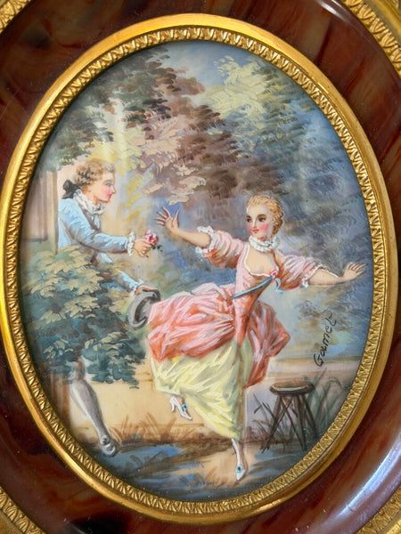 2497 Miniature Oval French Courting Scene Signed Painting in Bronze Frame