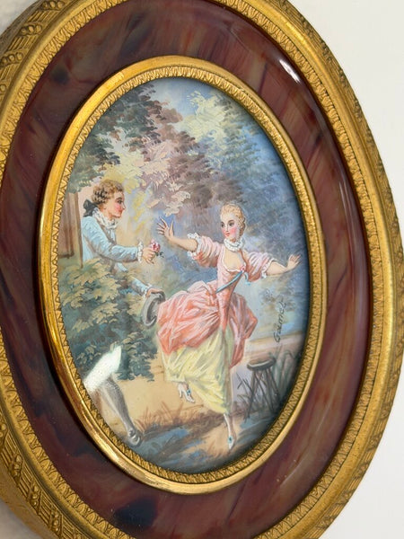2497 Miniature Oval French Courting Scene Signed Painting in Bronze Frame