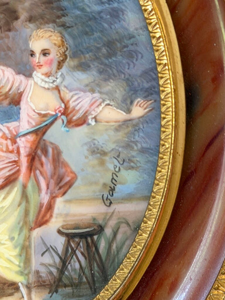 2497 Miniature Oval French Courting Scene Signed Painting in Bronze Frame