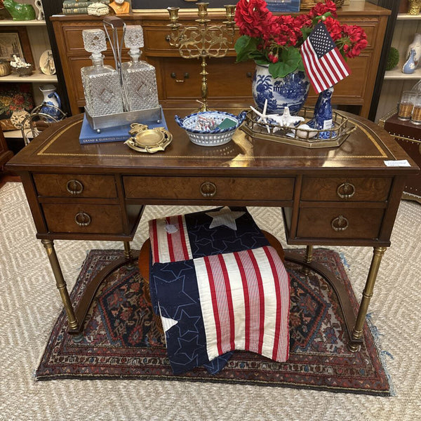 Vintage Sligh Burled Walnut Desk w/ Leather Top and Brass Legs 43"w x 22"d x 29"h IN STORE PICKUP ONLY