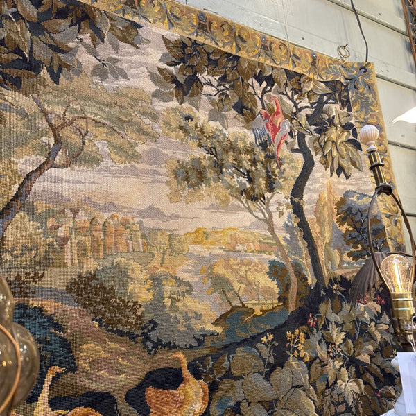 Beautiful Flemish Woven Tapestry of Grand Castle and Trees and birds