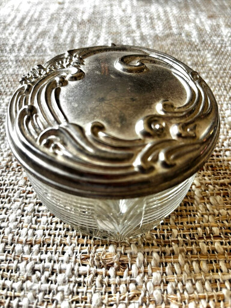 Vintage Glass Powder Jar / Vanity Dresser Silver Plate Lid Mirrored Inside