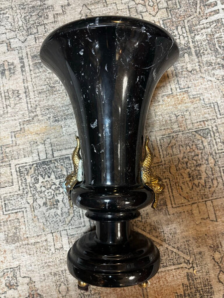 Vintage Black Marble Vase w/Brass Koi Fish