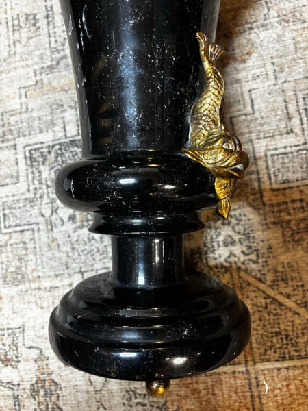 Vintage Black Marble Vase w/Brass Koi Fish