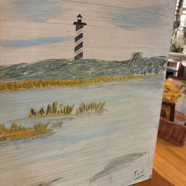 Vintage Oil on Board Lighthouse Seascape. 12" x 16"