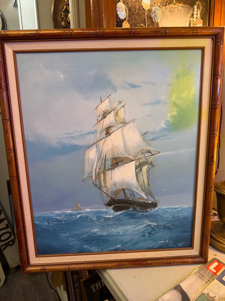 Vintage Oil on Canvas Schooner at Sea, 24"X 20"