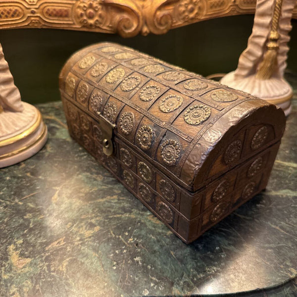 WOODEN TREASURE CHEST BOX WITH BRASS ACCENTS