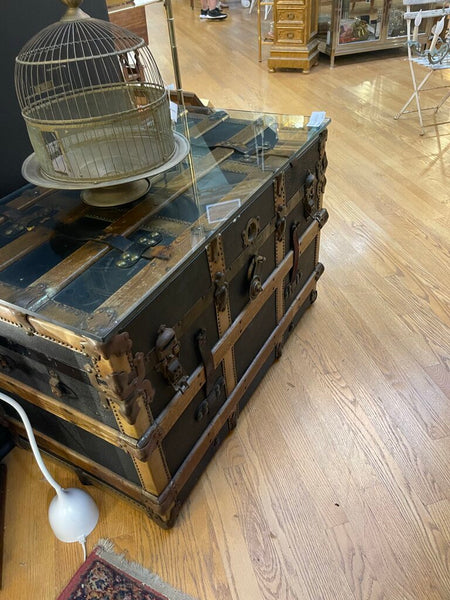 Antique wood and leather trunk with inserts and glass top as is IN STORE PICK IUP ONLY