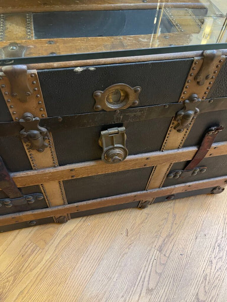 Antique wood and leather trunk with inserts and glass top as is IN STORE PICK IUP ONLY
