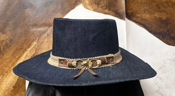 Vintage 70-80's Denim Cowboy Hat Brass Horse Detail