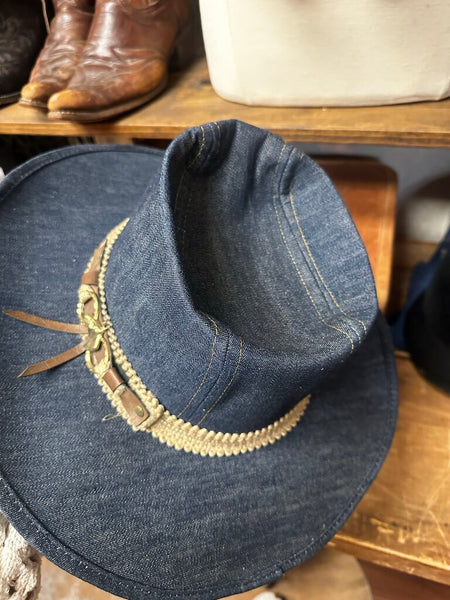 Vintage 70-80's Denim Cowboy Hat Brass Horse Detail